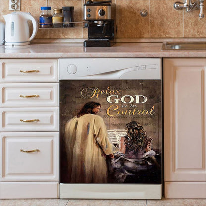 Jesus With Girl God Is In Control Dishwasher Cover, Jesus Portrait Dishwasher Wrap, Christian Kitchen Decoration