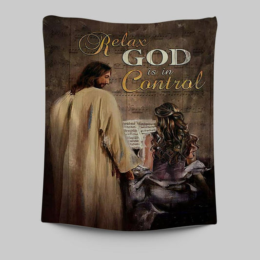 Jesus With Girl God Is In Control Wall Art Tapestry - Jesus Portrait Tapestry Prints - Christian Wall Art