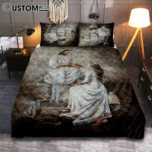 Jesus With Girl Walking With Jesus Bedroom Quilt Bedding Set - Jesus Portrait Quilt Bedding Set Prints - Christian Bedroom