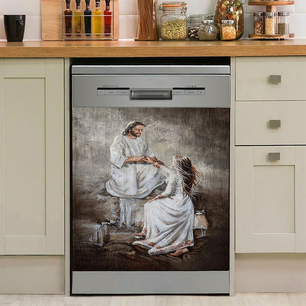 Jesus With Girl Walking With Jesus Dishwasher Cover, Jesus Portrait Dishwasher Wrap, Christian Kitchen Decoration