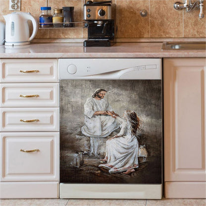 Jesus With Girl Walking With Jesus Dishwasher Cover, Jesus Portrait Dishwasher Wrap, Christian Kitchen Decoration