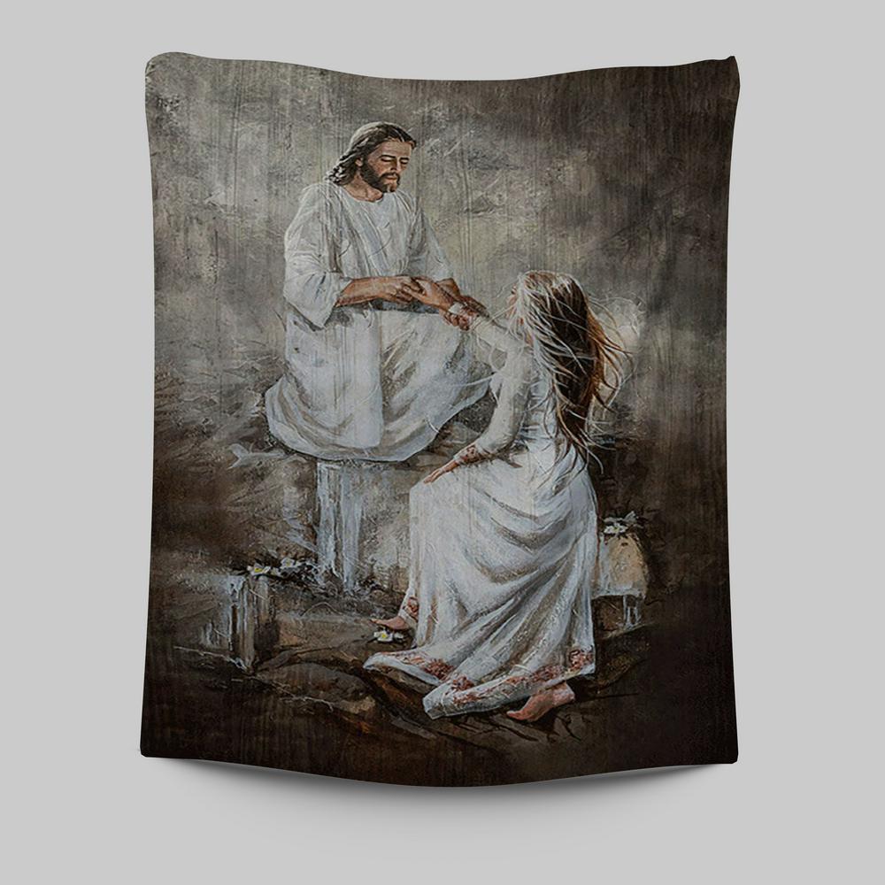 Jesus With Girl Walking With Jesus Wall Art Tapestry - Jesus Portrait Tapestry Prints - Christian Wall Art