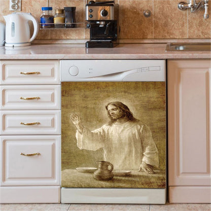 Jesus With His Hand Up Painting Dishwasher Cover, In Remembrance Dishwasher Wrap, Christian Kitchen Decoration