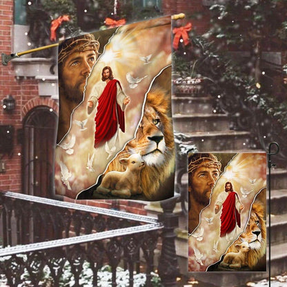 Jesus and Lion One Nation Under God Flag, Outdoor Christian House Flag, Christian Flag, Scripture Flag, Garden Banner