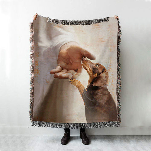 Jesus's Hand Dachshund Dog Woven Boho Blanket - Christian Throw Blanket - Gift For Dog Lover