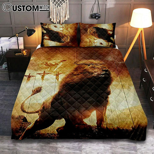 Jesus's Hand Lion Of Judah Crosses Bedroom Quilt Bedding Set - Jesus Portrait Quilt Bedding Set Prints - Christian Bedroom