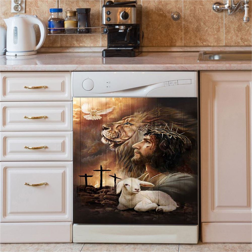 Jeus Lion Of Judah Lamb Of God Dove Of Peace Dishwasher Cover, Jesus Portrait Dishwasher Wrap, Christian Kitchen Decoration