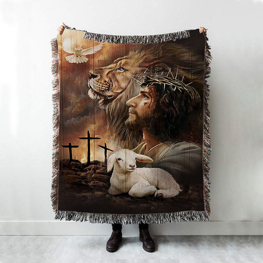 Jeus Lion Of Judah Lamb Of God Dove Of Peace Throw Blanket Woven Blanket - Jesus Portrait Woven Blanket Prints - Christian Throw Blanket