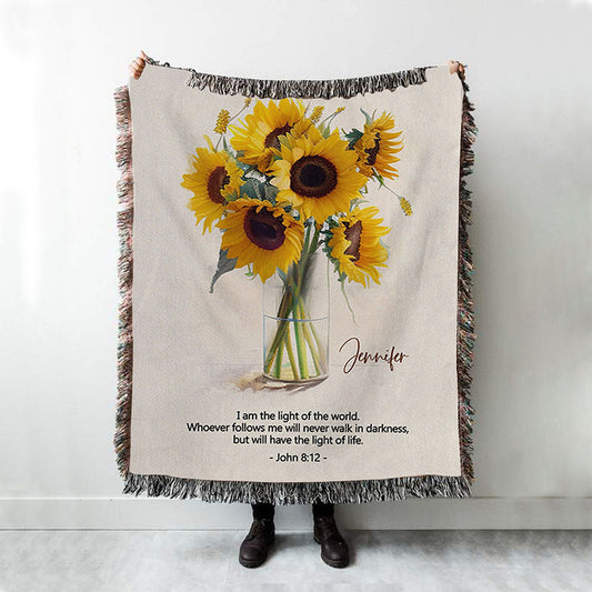 John 81 I Am The Light Of The World Personalized Woven Throw Blanket - Christian Woven Blanket Prints - Bible Verse Gift For Women Of God