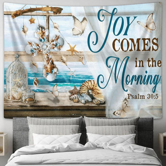 Joy Comes In The Morning Psalm 305 Seashell Cross Beach Butterfly Tapestry, Tapestries for Living Room Bedroom