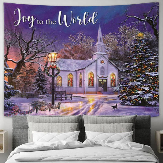 Joy To The World - Country Church In Snow - Christmas Tapestry Wall Art - Christian Wall Decor