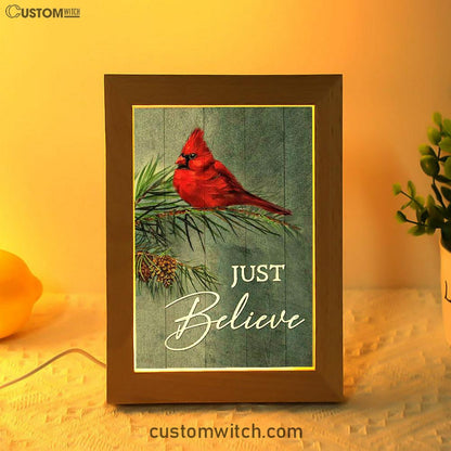 Just Believe Pretty Cardinal Pine Cone Tree Art Frame Lamp - Bible Verse Wooden Lamp - Christian Art Home Decor