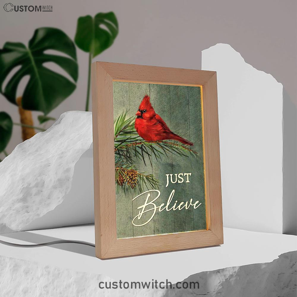 Just Believe Pretty Cardinal Pine Cone Tree Art Frame Lamp - Bible Verse Wooden Lamp - Christian Art Home Decor