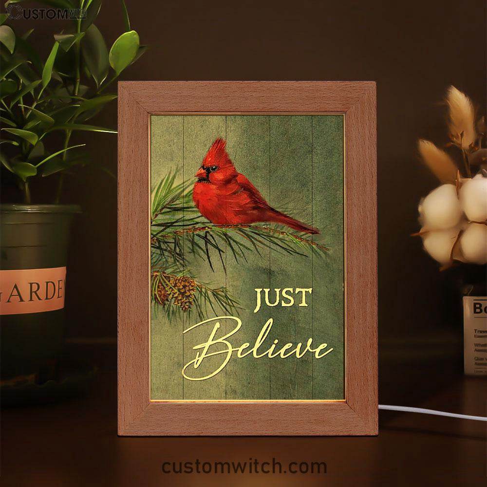 Just Believe Pretty Cardinal Pine Cone Tree Art Frame Lamp - Bible Verse Wooden Lamp - Christian Art Home Decor