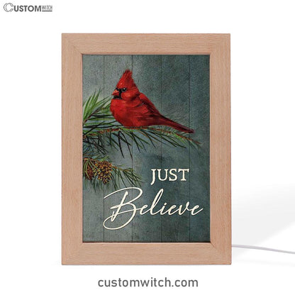 Just Believe Pretty Cardinal Pine Cone Tree Art Frame Lamp - Bible Verse Wooden Lamp - Christian Art Home Decor