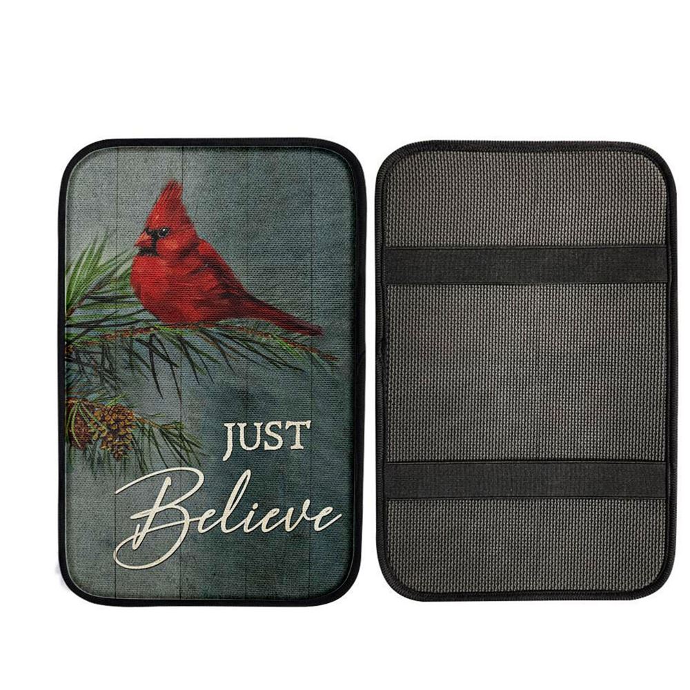 Just Believe Pretty Cardinal Pine Cone Tree Car Center Console Cover, God Car Armrest Accessories