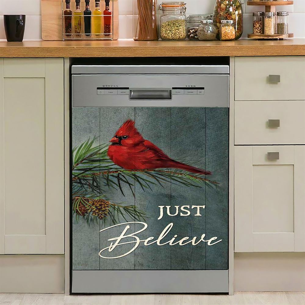 Just Believe Pretty Cardinal Pine Cone Tree Dishwasher Cover, Bible Verse Dishwasher Wrap, Christian Kitchen Decoration