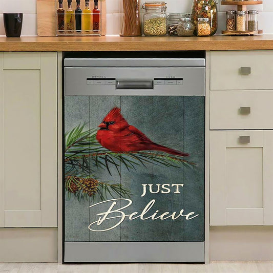 Just Believe Pretty Cardinal Pine Cone Tree Dishwasher Cover, Bible Verse Dishwasher Wrap, Christian Kitchen Decoration