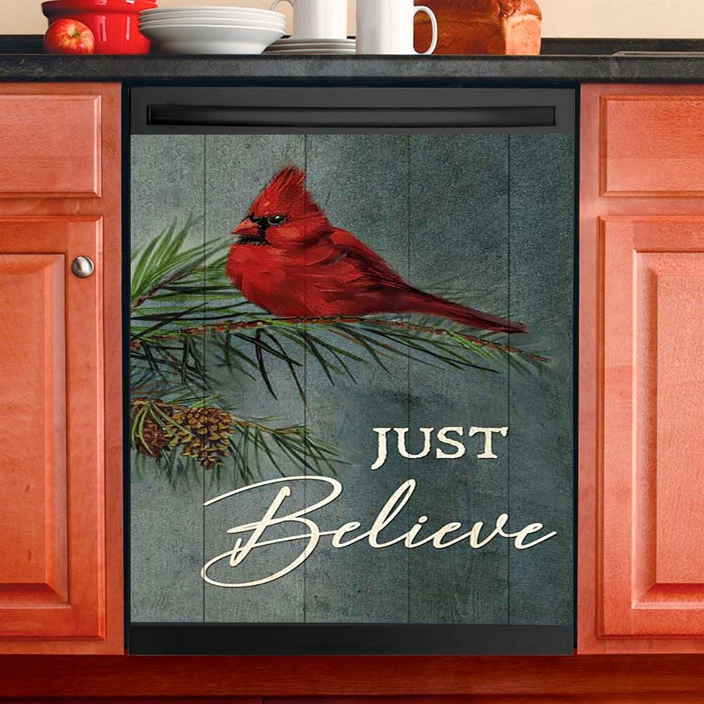 Just Believe Pretty Cardinal Pine Cone Tree Dishwasher Cover, Bible Verse Dishwasher Wrap, Christian Kitchen Decoration