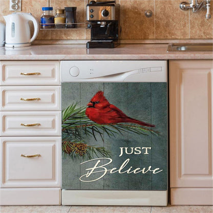 Just Believe Pretty Cardinal Pine Cone Tree Dishwasher Cover, Bible Verse Dishwasher Wrap, Christian Kitchen Decoration