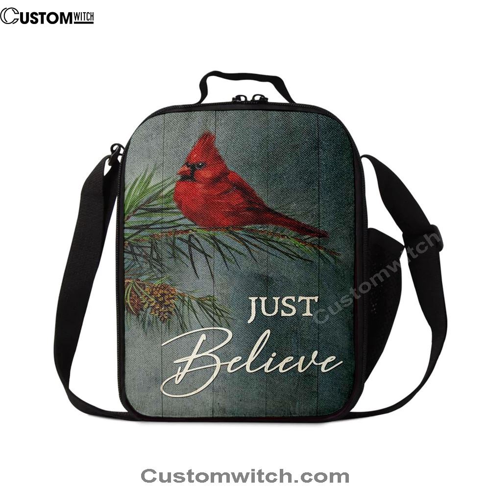 Just Believe Pretty Cardinal Pine Cone Tree Lunch Bag, Christian Lunch Box For School, Picnic