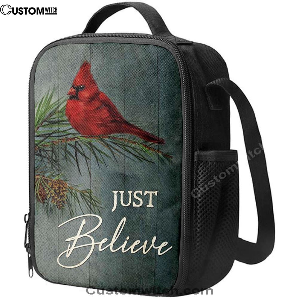 Just Believe Pretty Cardinal Pine Cone Tree Lunch Bag, Christian Lunch Box For School, Picnic