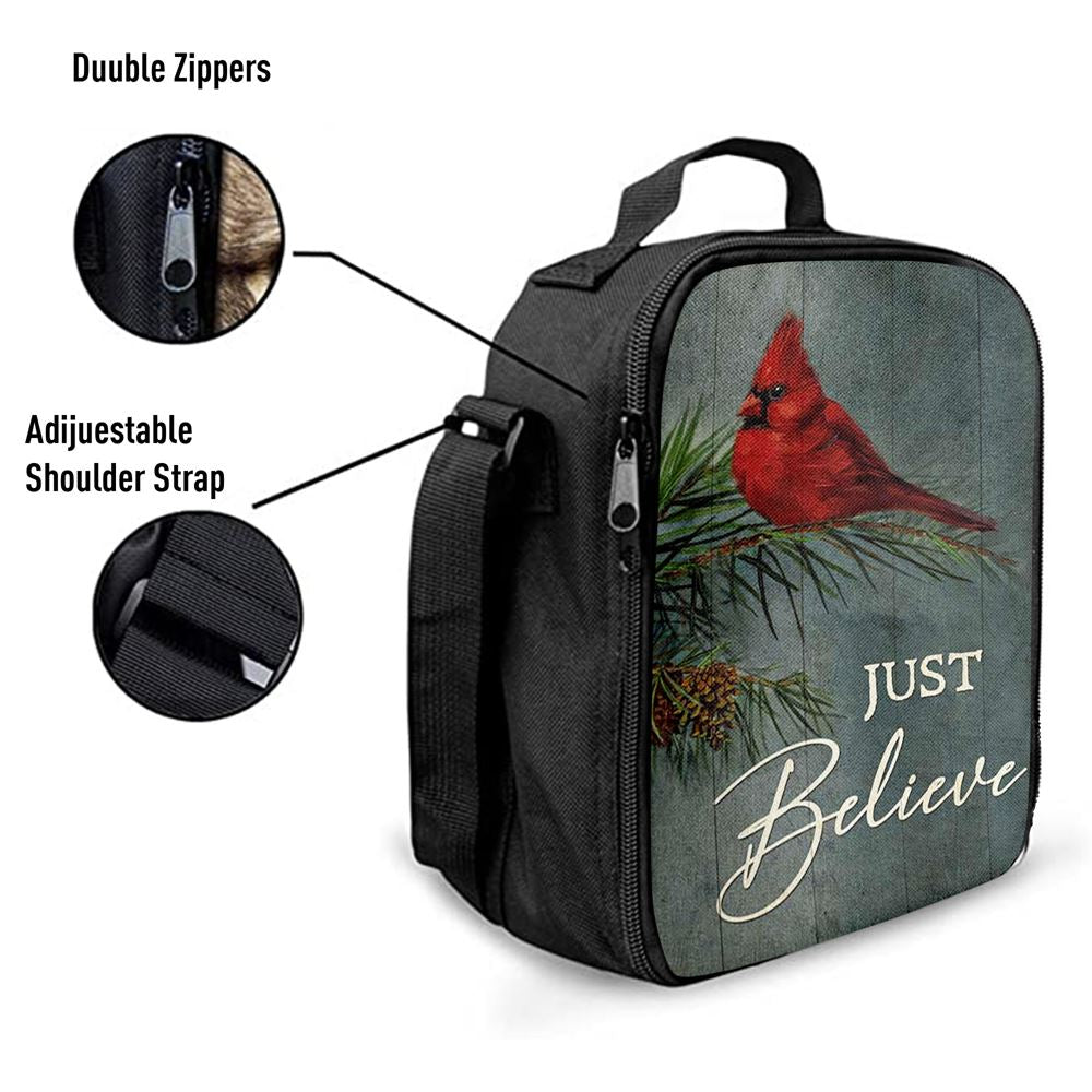 Just Believe Pretty Cardinal Pine Cone Tree Lunch Bag, Christian Lunch Box For School, Picnic