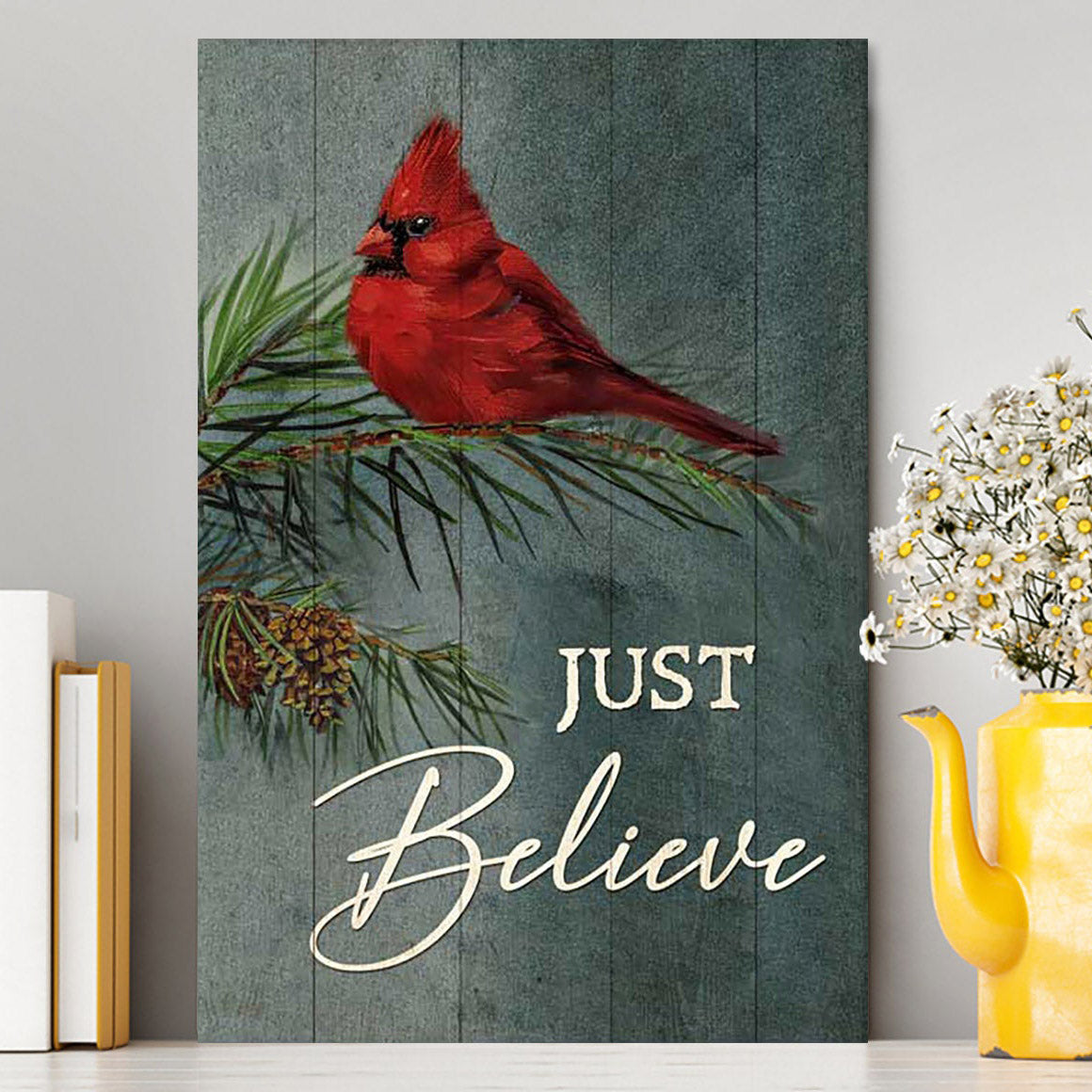 Just Believe Pretty Cardinal Pine Cone Tree Wall Art Canvas - Bible Verse Canvas Art - Christian Wall Art Home Decor