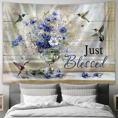Just Blessed Daisy Flower Hummingbirds Tapestry Wall Art - Bible Verse Tapestry - Religious Tapestry Wall Hanging