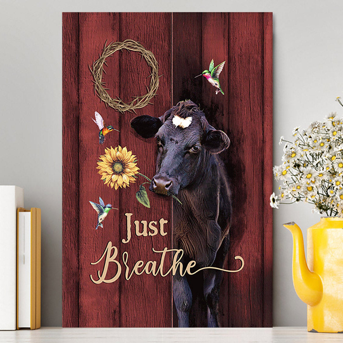 Just Breath Angus Cow Sunflower Canvas Wall Art - Christian Canvas Prints - Bible Verse Canvas Art