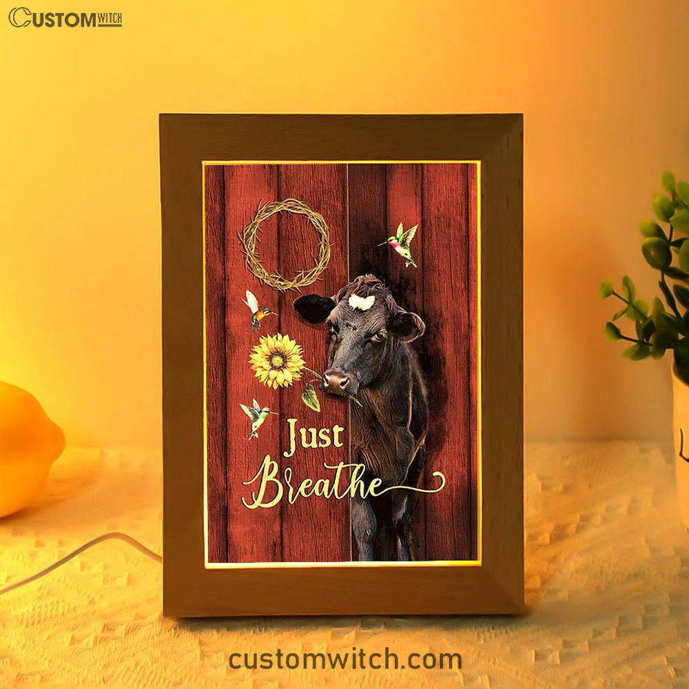 Just Breath Angus Cow Sunflower Frame Lamp Art - Christian Night Light - Bible Verse Wooden Lamp