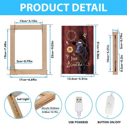 Just Breath Angus Cow Sunflower Frame Lamp Art - Christian Night Light - Bible Verse Wooden Lamp