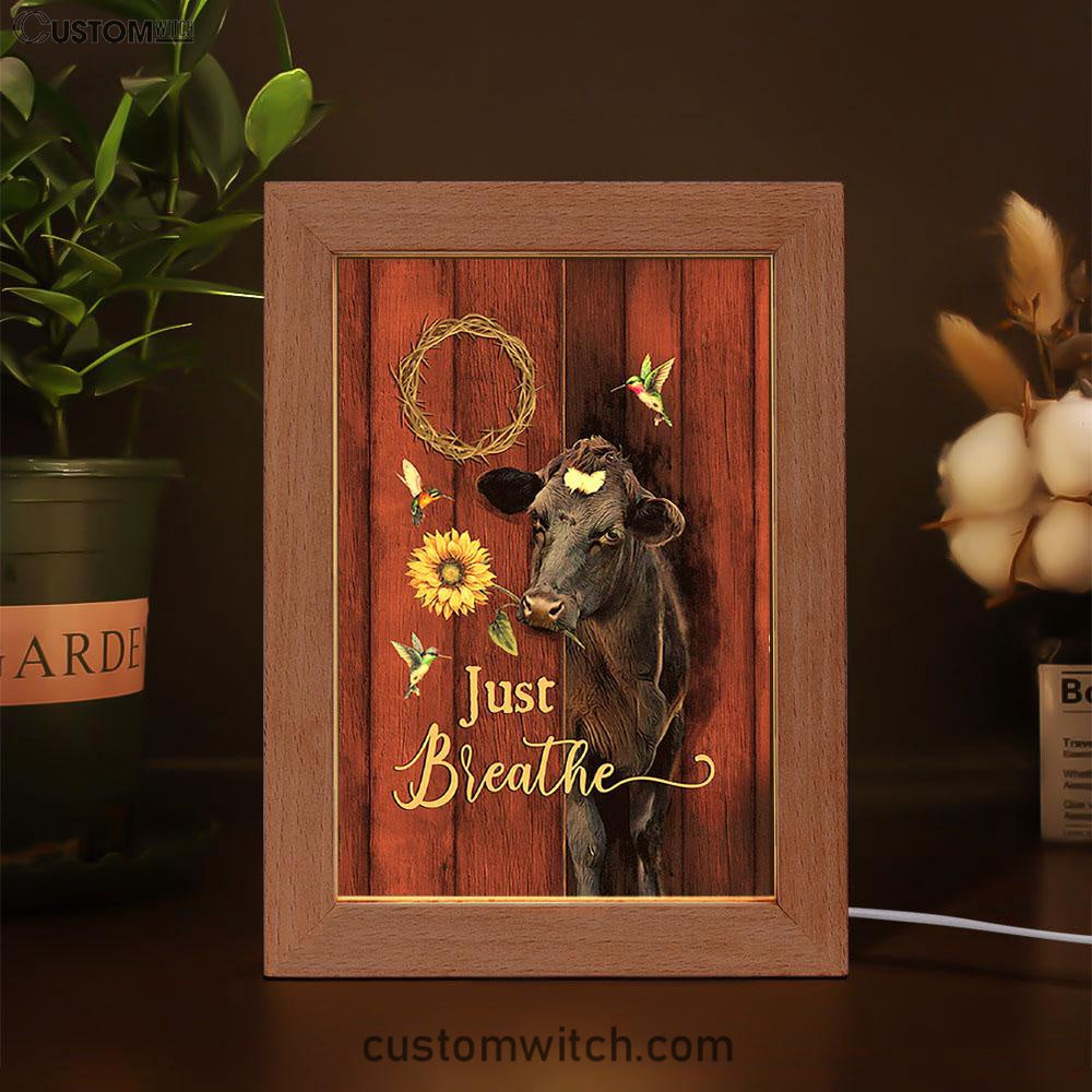 Just Breath Angus Cow Sunflower Frame Lamp Art - Christian Night Light - Bible Verse Wooden Lamp