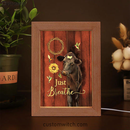 Just Breath Angus Cow Sunflower Frame Lamp Art - Christian Night Light - Bible Verse Wooden Lamp