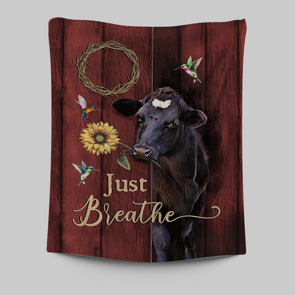 Just Breath Angus Cow Sunflower Tapestry Wall Art - Christian Tapestries Prints - Bible Verse Tapestry Art