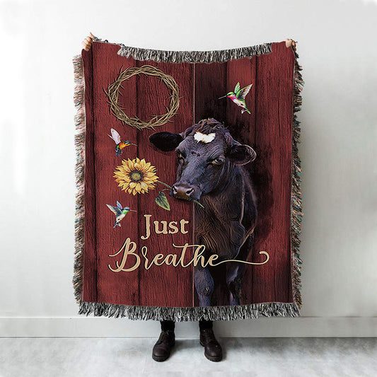 Just Breath Angus Cow Sunflower Woven Throw Blanket - Christian Woven Blanket Prints - Bible Verse Woven Blanket Art