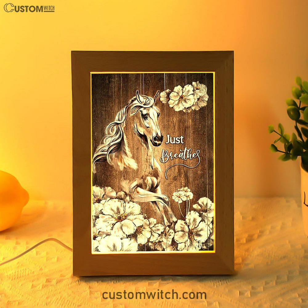 Just Breath Horse Beautiful White Flower Art Frame Lamp - Bible Verse Wooden Lamp - Christian Art Home Decor