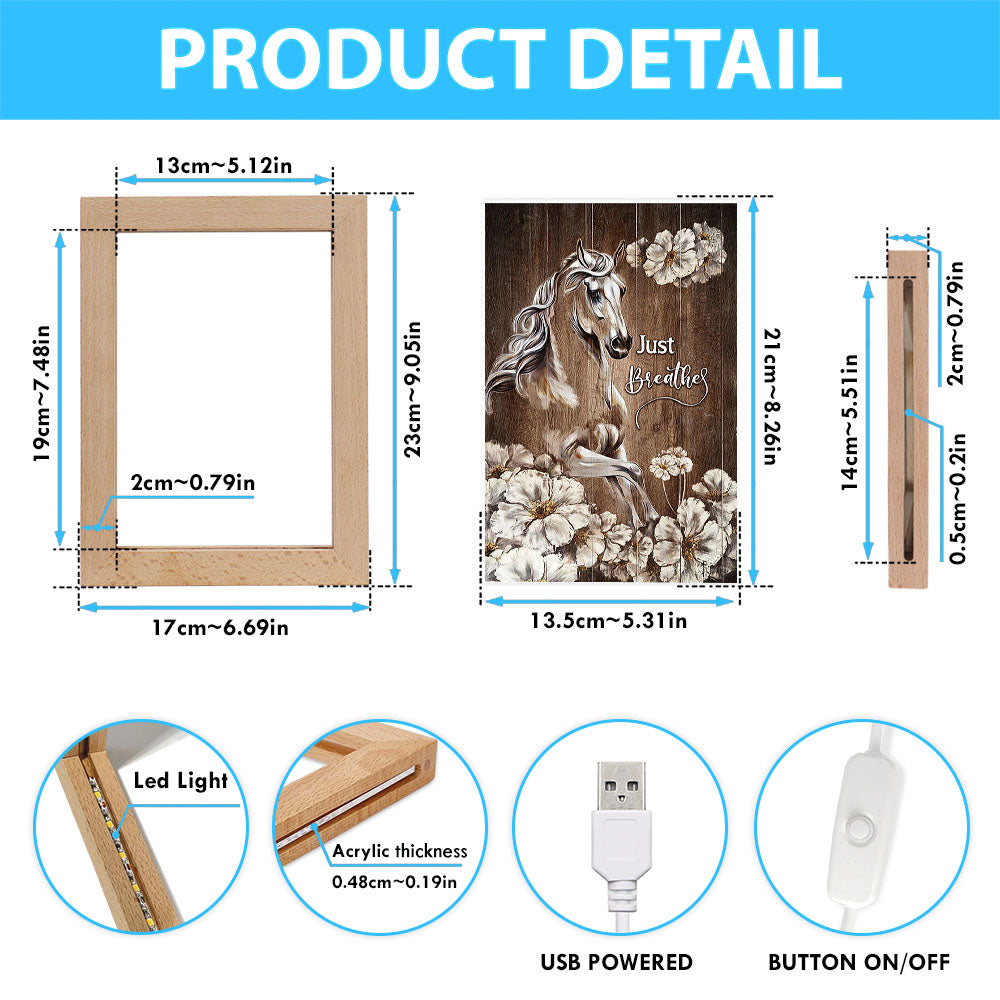 Just Breath Horse Beautiful White Flower Art Frame Lamp - Bible Verse Wooden Lamp - Christian Art Home Decor