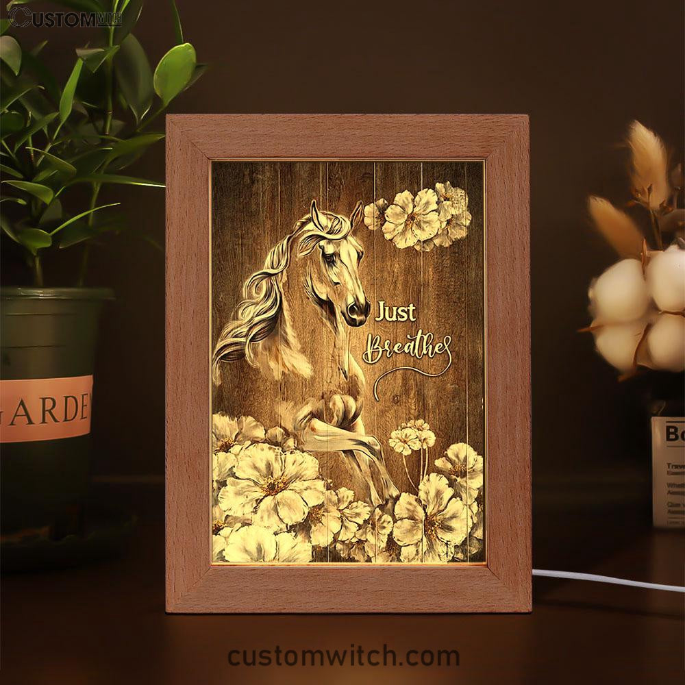 Just Breath Horse Beautiful White Flower Art Frame Lamp - Bible Verse Wooden Lamp - Christian Art Home Decor