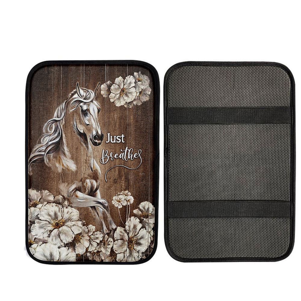 Just Breath Horse Beautiful White Flower Car Center Console Cover, God Car Armrest Accessories