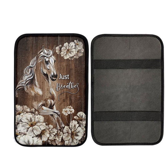 Just Breath Horse Beautiful White Flower Car Center Console Cover, God Car Armrest Accessories