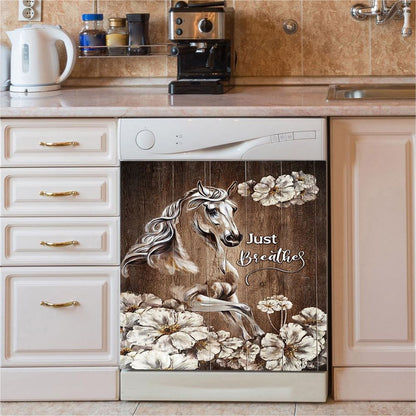 Just Breath Horse Beautiful White Flower Dishwasher Cover, Bible Verse Dishwasher Wrap, Christian Kitchen Decoration