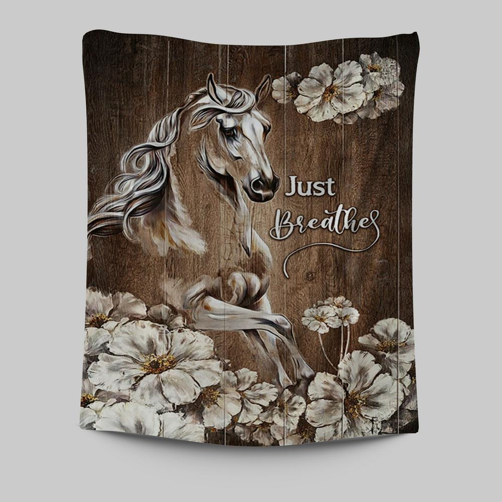 Just Breath Horse Beautiful White Flower Wall Art Tapestry - Bible Verse Tapestry Art - Christian Wall Art Home Decor