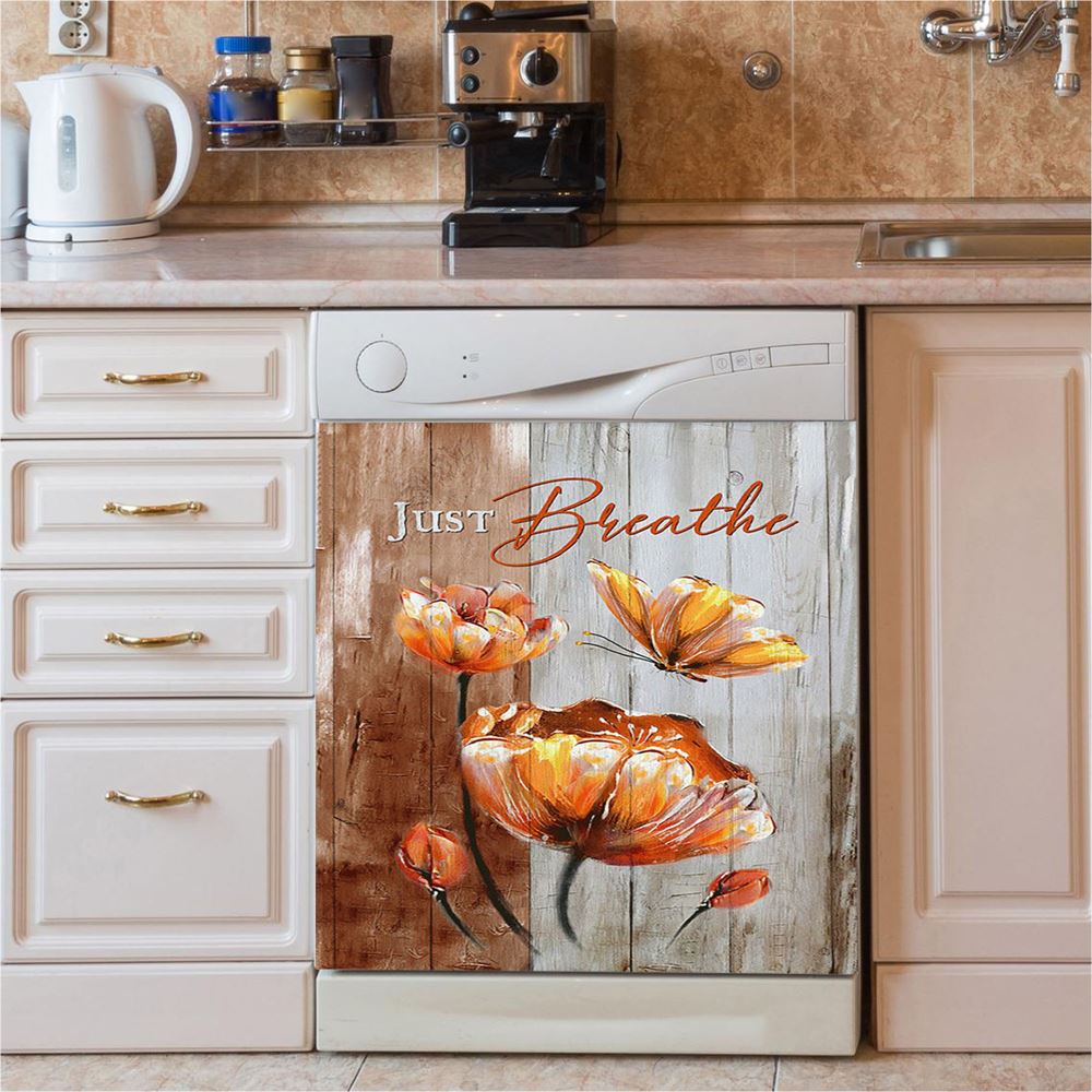 Just Breathe Anemone Flower Butterfly Dishwasher Cover, Christian Dishwasher Wrap, Bible Verse Kitchen Decoration