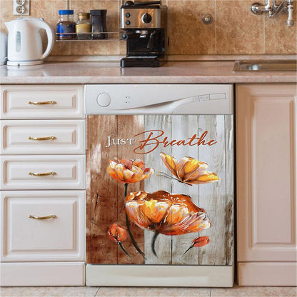 Just Breathe Anemone Flower Butterfly Dishwasher Cover, Christian Dishwasher Wrap, Bible Verse Kitchen Decoration