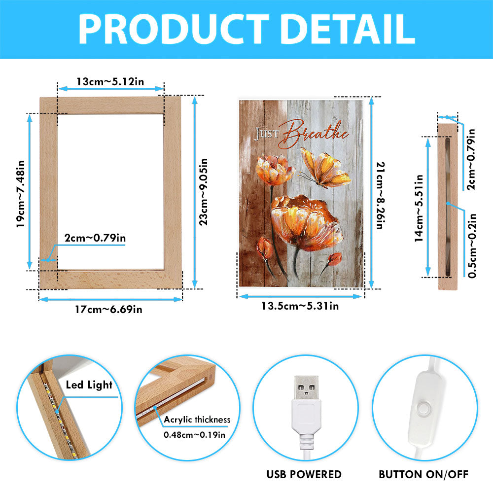 Just Breathe Anemone Flower Butterfly Frame Lamp Art - Christian Night Light - Bible Verse Wooden Lamp