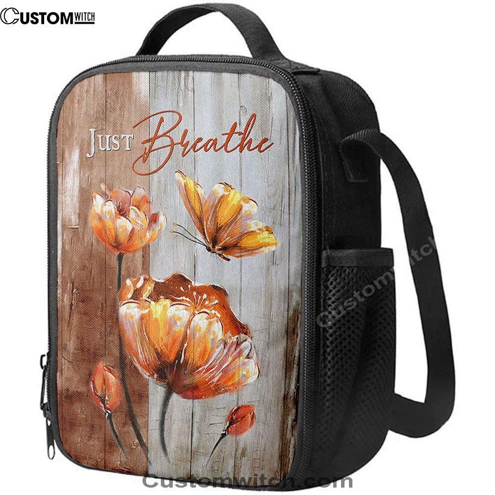 Just Breathe Anemone Flower Butterfly Lunch Bag, Christian Lunch Box For School, Picnic