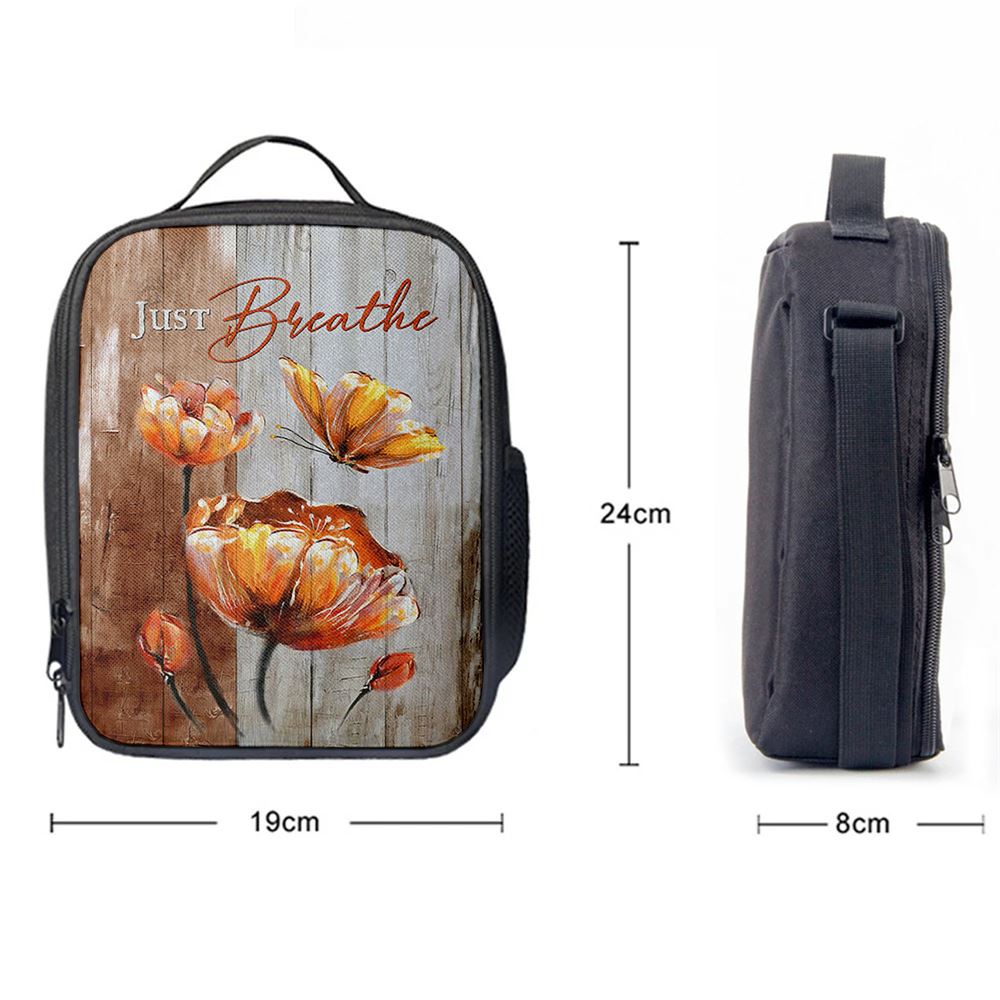 Just Breathe Anemone Flower Butterfly Lunch Bag, Christian Lunch Box For School, Picnic
