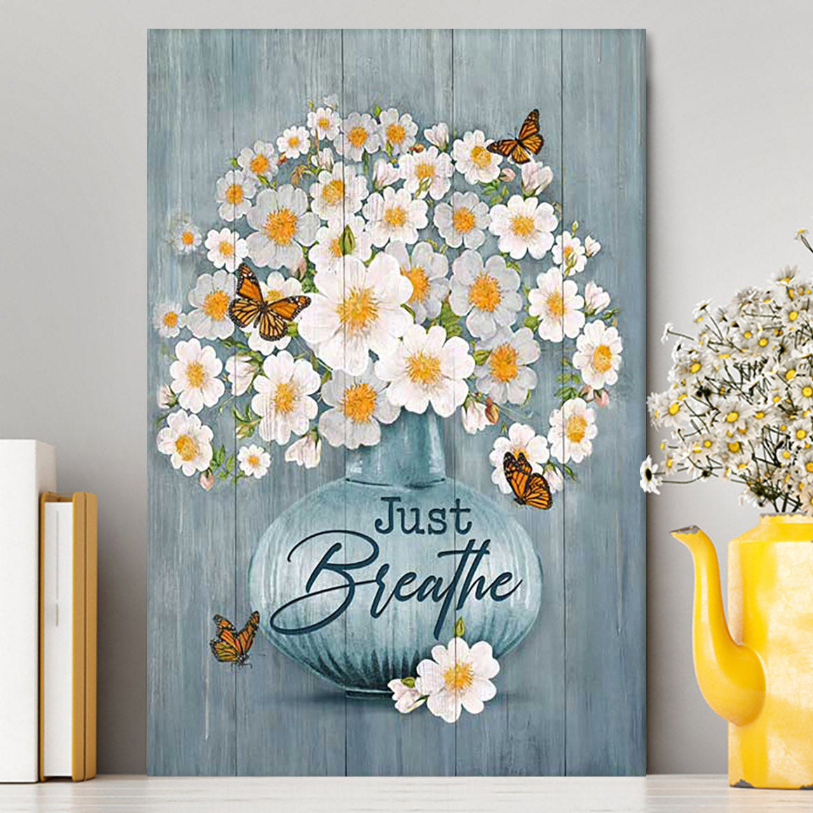 Just Breathe Apricot Blossom Monarch Butterfly Flower Canvas Wall Art - Christian Canvas Prints - Bible Verse Canvas Art