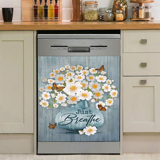 Just Breathe Apricot Blossom Monarch Butterfly Flower Dishwasher Cover, Christian Dishwasher Wrap, Bible Verse Kitchen Decoration